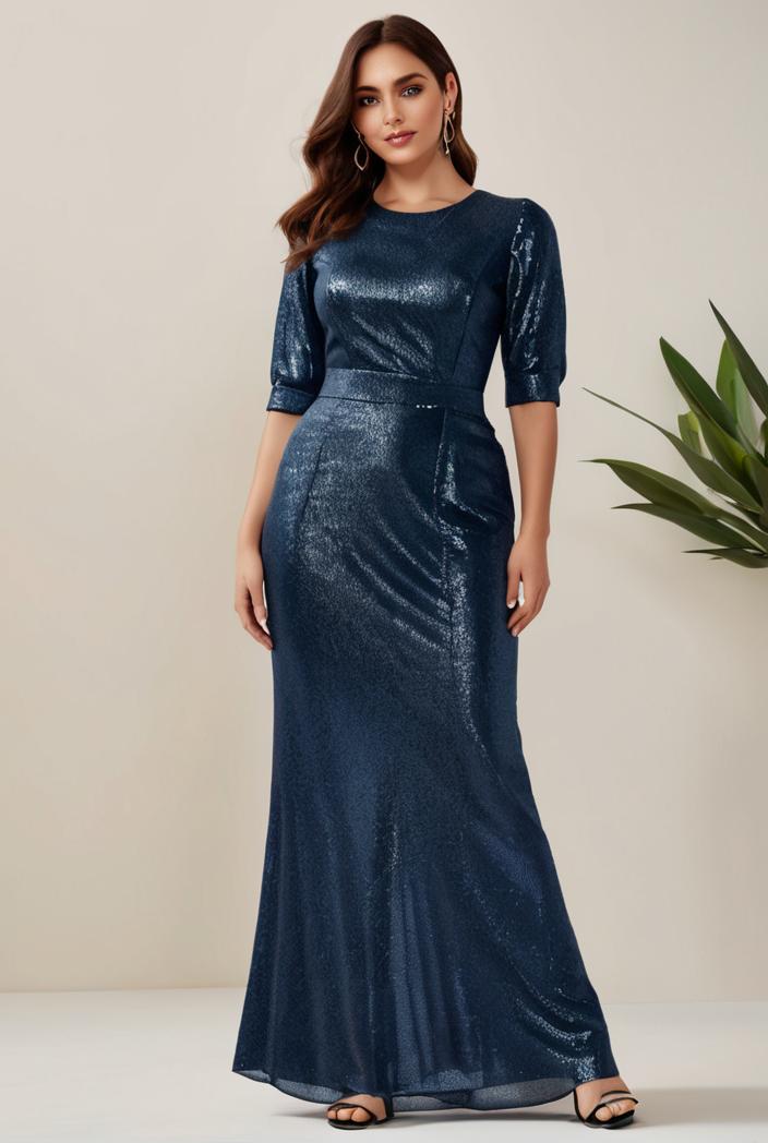 3 4 sleeve bodycon plunging back sequin evening dress 109863