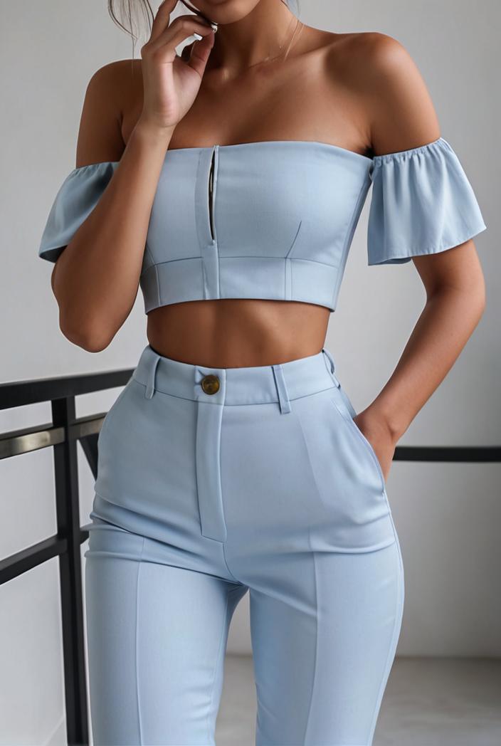 one shoulder crop top mopping pants two piece suit 130429