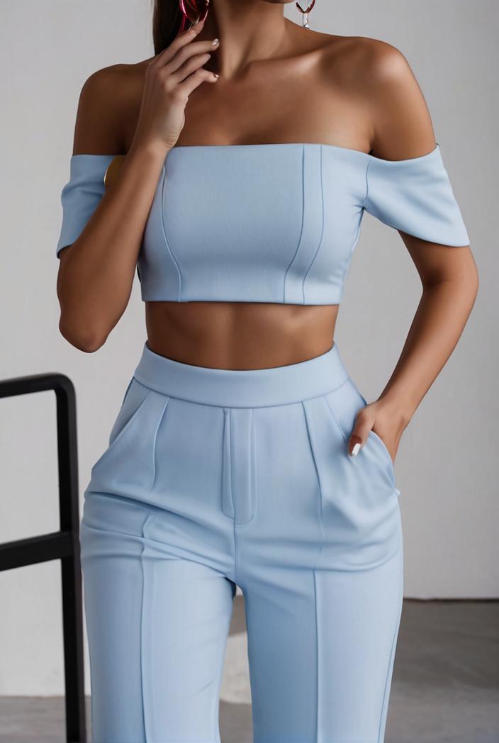 one shoulder crop top mopping pants two piece suit 130430