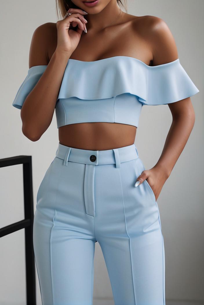 one shoulder crop top mopping pants two piece suit 130432