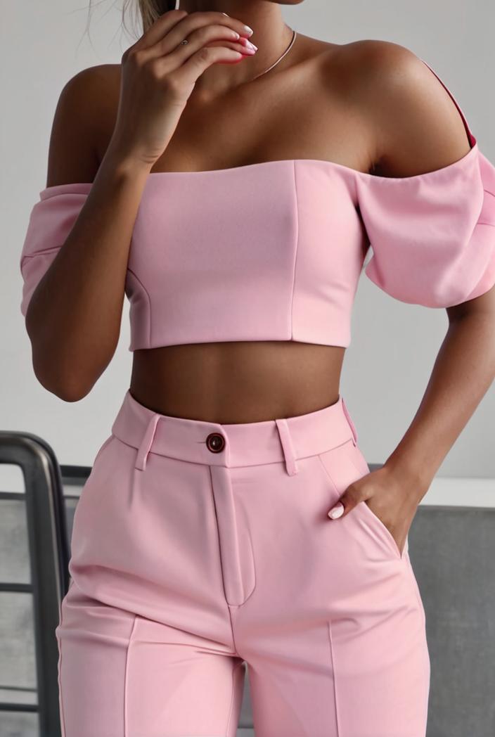one shoulder crop top mopping pants two piece suit 130435
