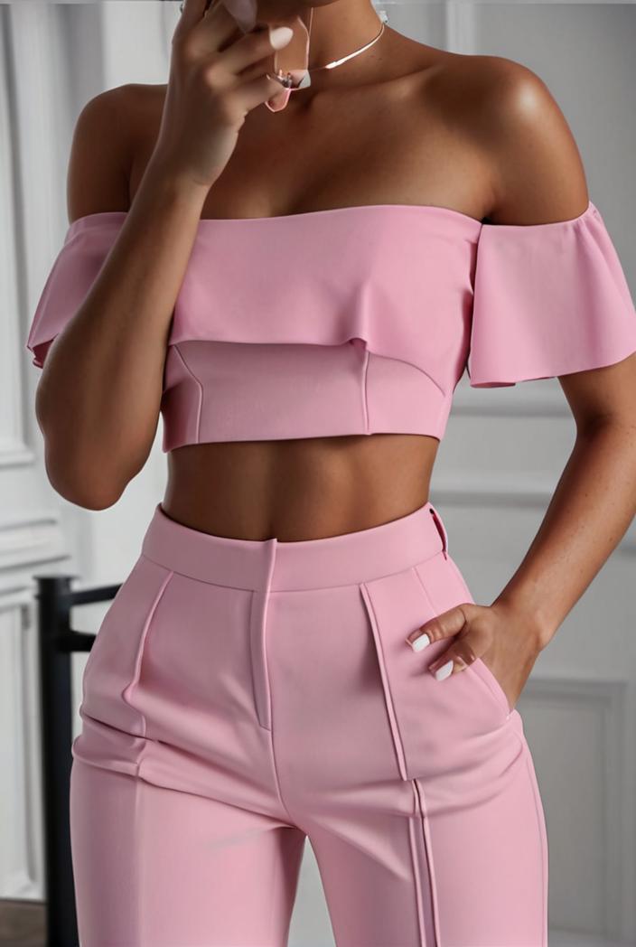 one shoulder crop top mopping pants two piece suit 130436
