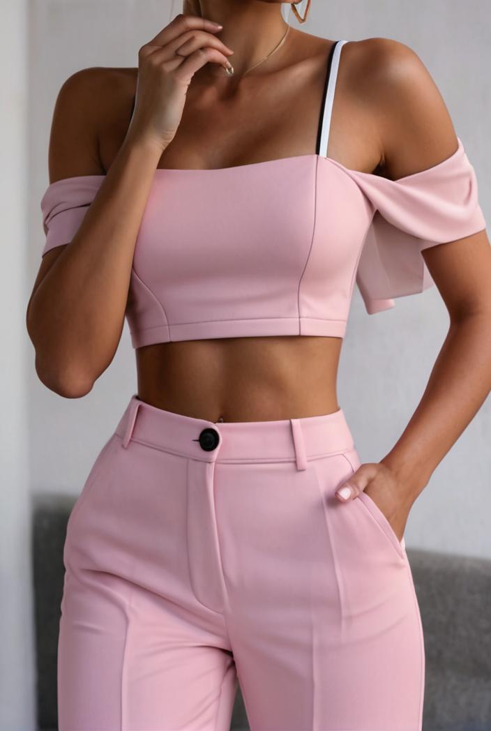one shoulder crop top mopping pants two piece suit 130438