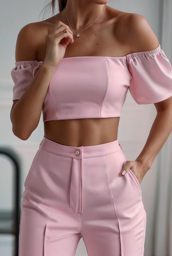 one shoulder crop top mopping pants two piece suit 130439