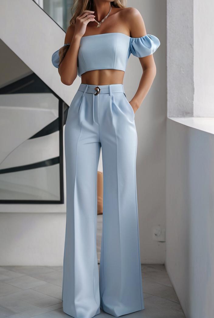 one shoulder crop top mopping pants two piece suit 130451