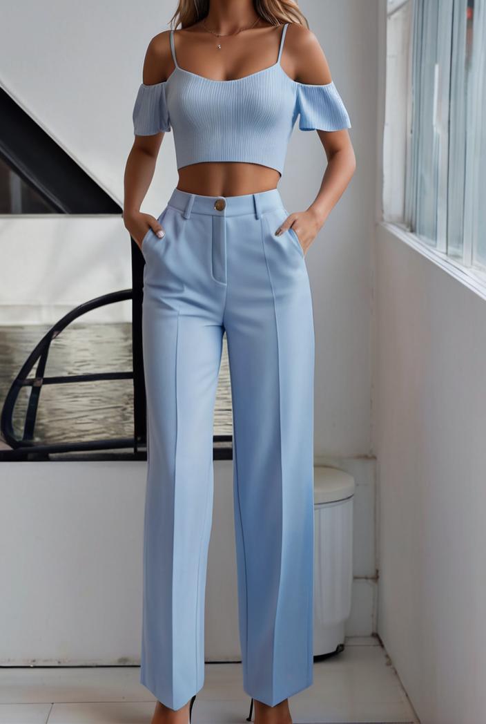 one shoulder crop top mopping pants two piece suit 130455