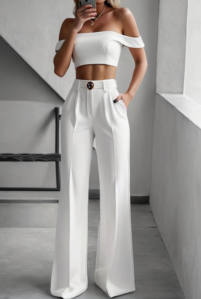 one shoulder crop top mopping pants two piece suit 130475