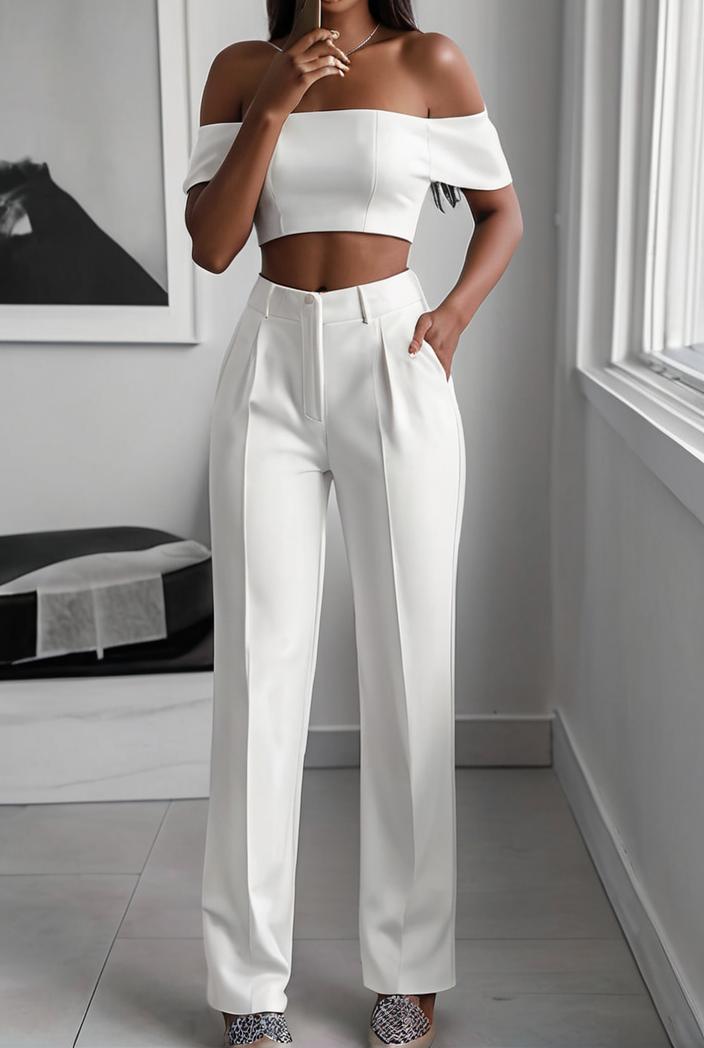 one shoulder crop top mopping pants two piece suit 130476