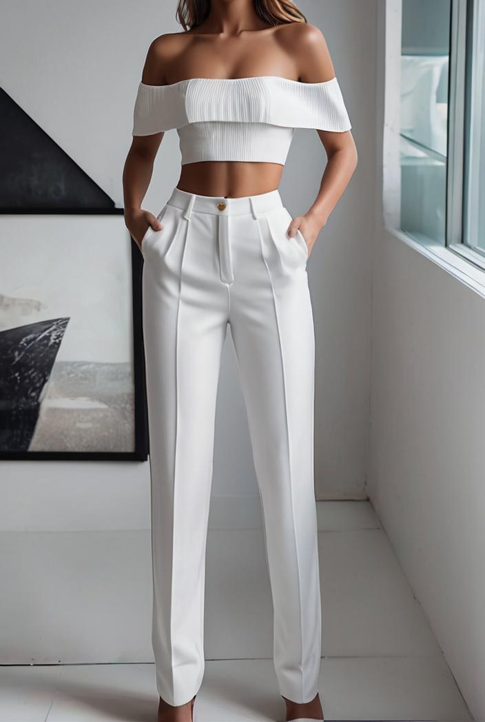 one shoulder crop top mopping pants two piece suit 130479