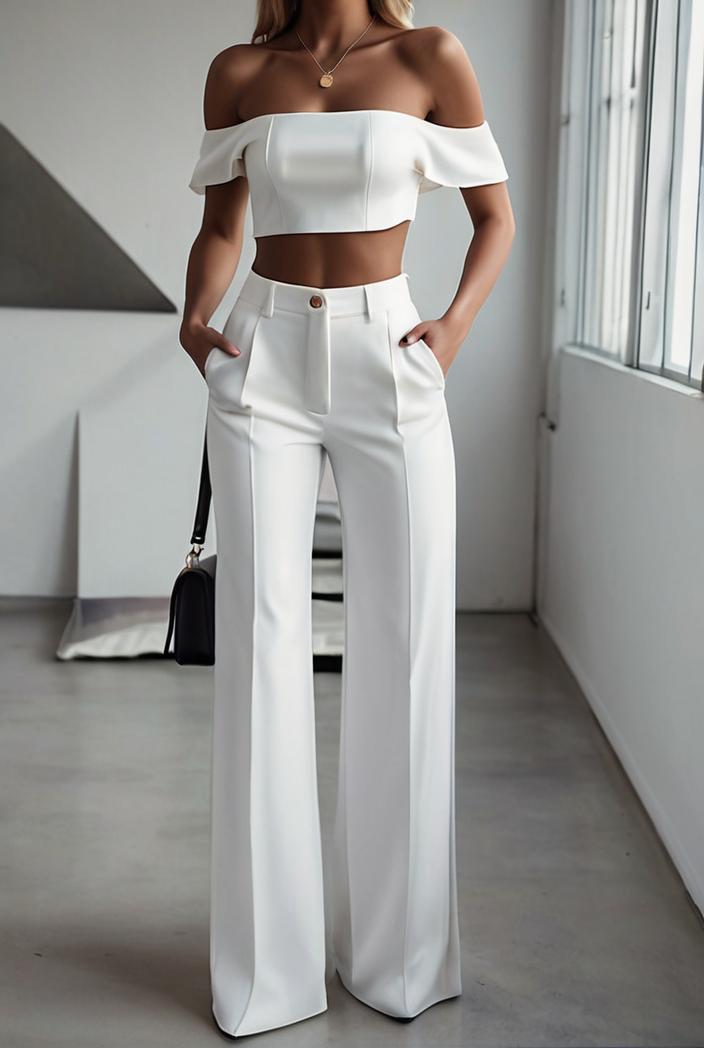 one shoulder crop top mopping pants two piece suit 130480