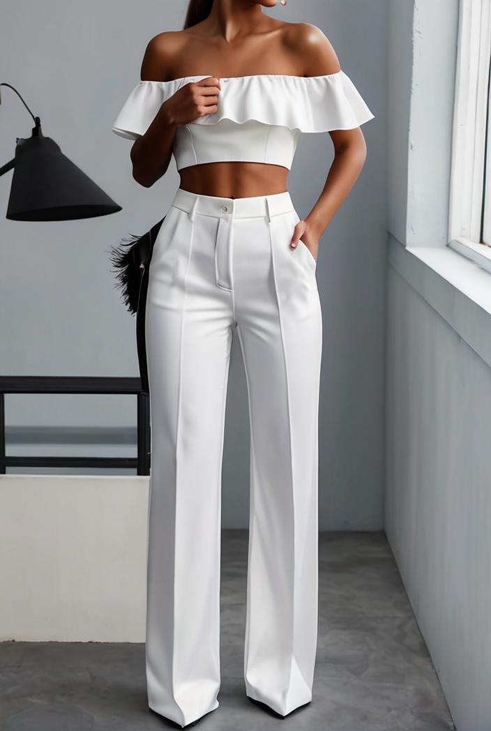one shoulder crop top mopping pants two piece suit 130482