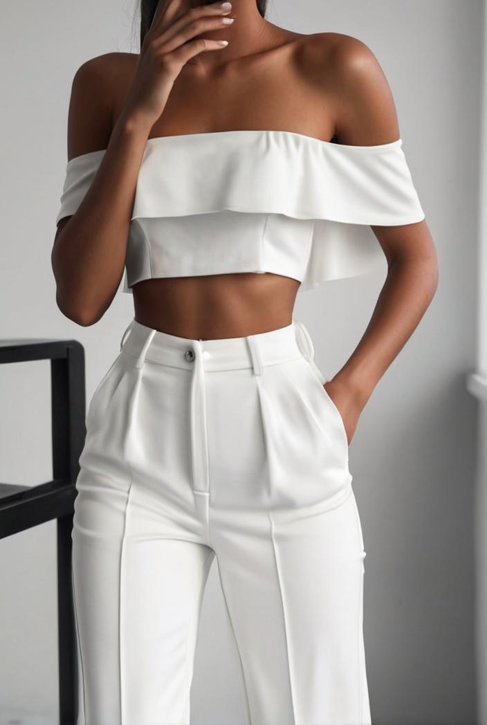 one shoulder crop top mopping pants two piece suit 130483