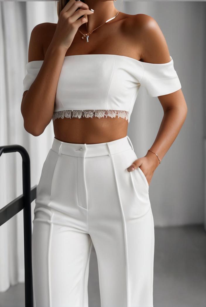 one shoulder crop top mopping pants two piece suit 130484