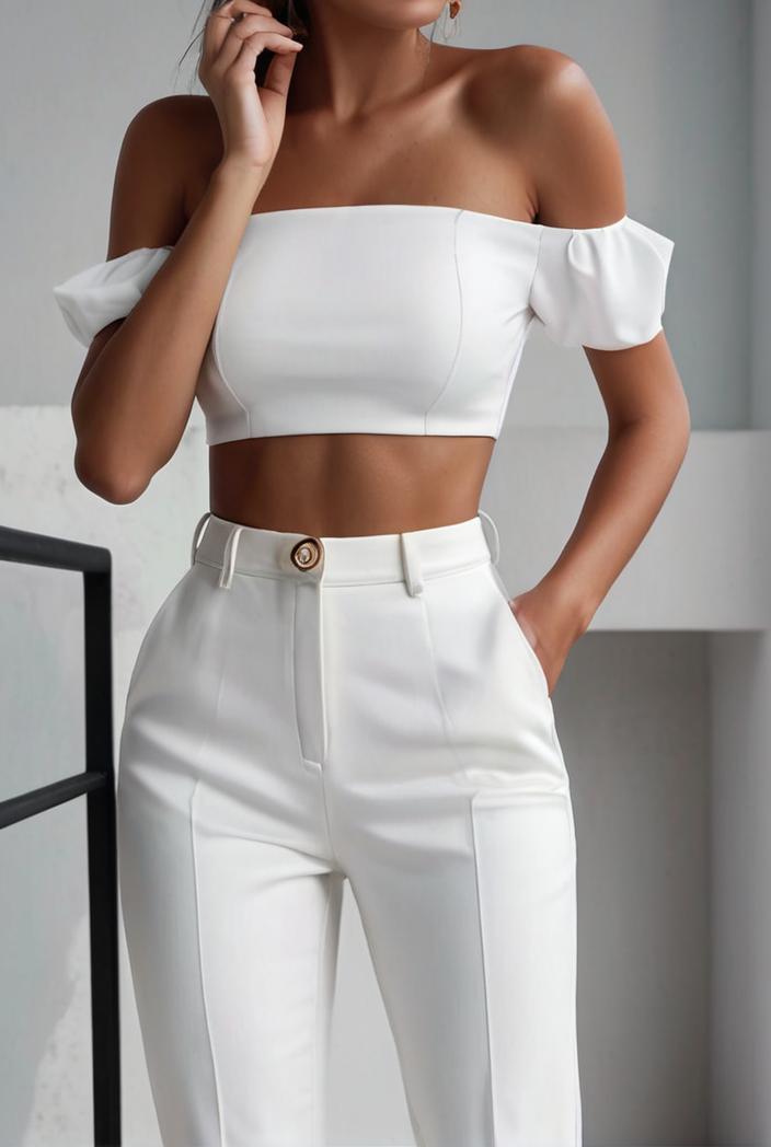 one shoulder crop top mopping pants two piece suit 130487