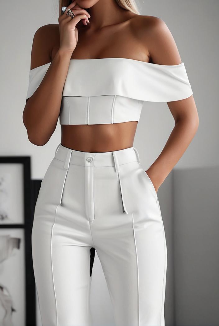 one shoulder crop top mopping pants two piece suit 130488