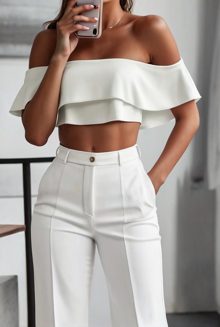 one shoulder crop top mopping pants two piece suit 130489