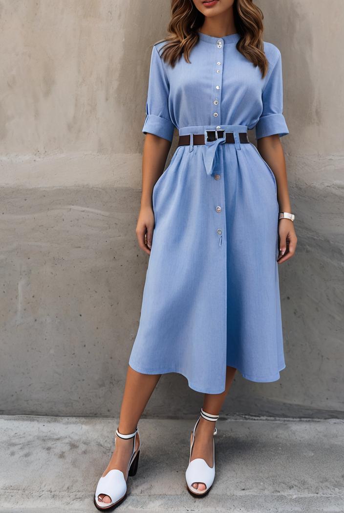 pocket lapel belted long sleeve denim dress 138925