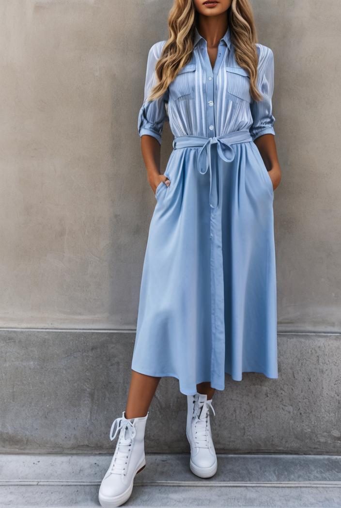 pocket lapel belted long sleeve denim dress 138926