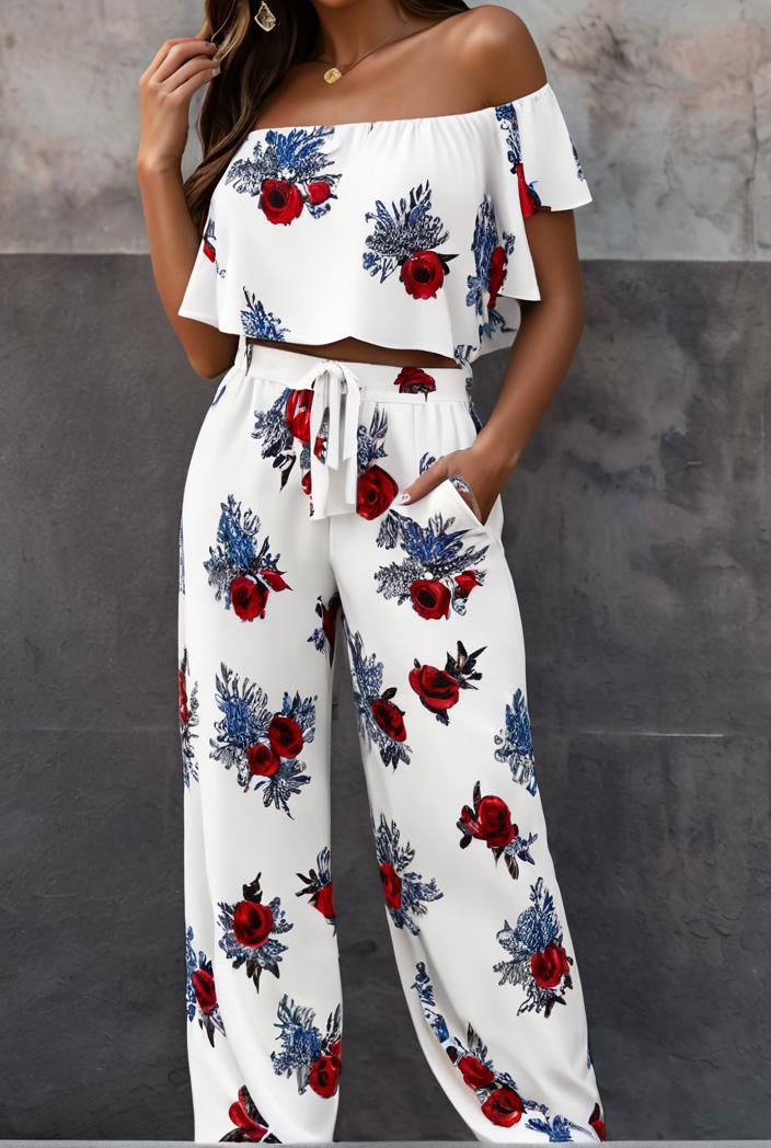 fashion print frilled off shoulder flared jumpsuit 139952