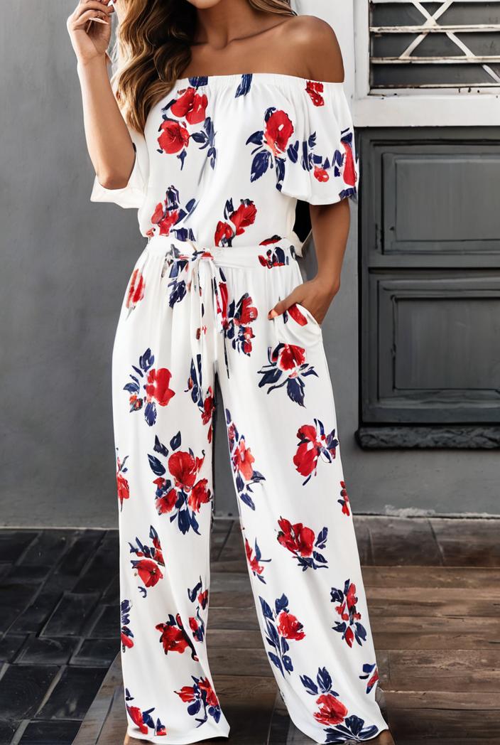 fashion print frilled off shoulder flared jumpsuit 139956