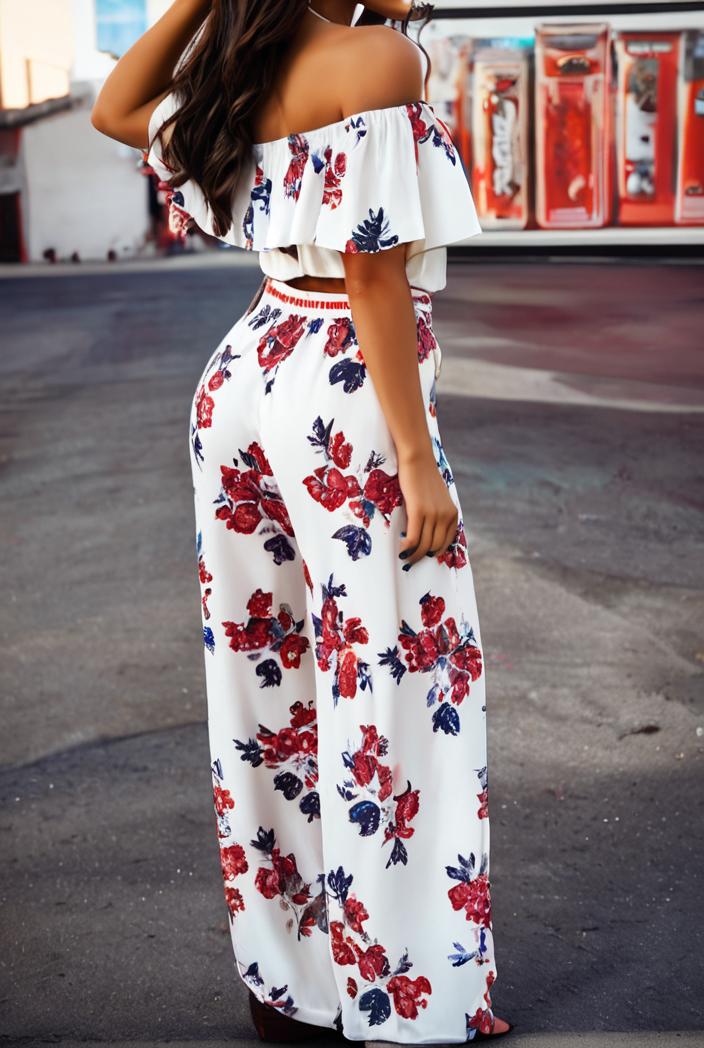 fashion print frilled off shoulder flared jumpsuit 139961