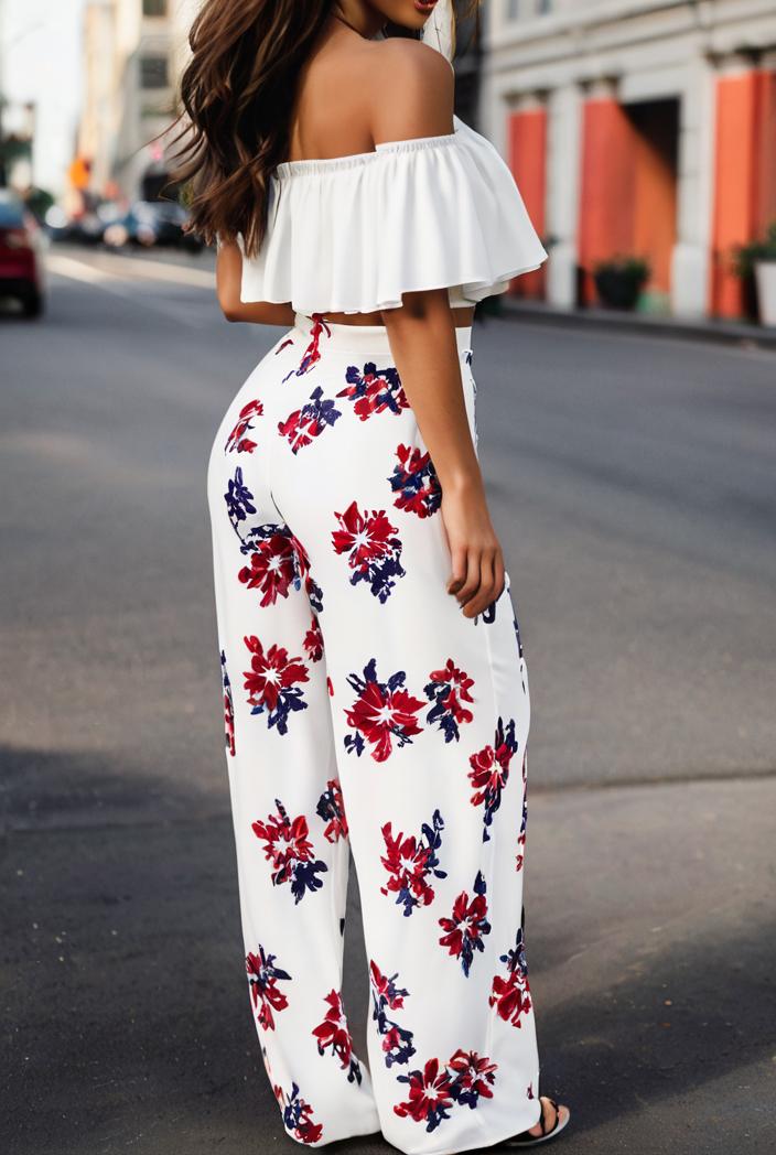 fashion print frilled off shoulder flared jumpsuit 139962
