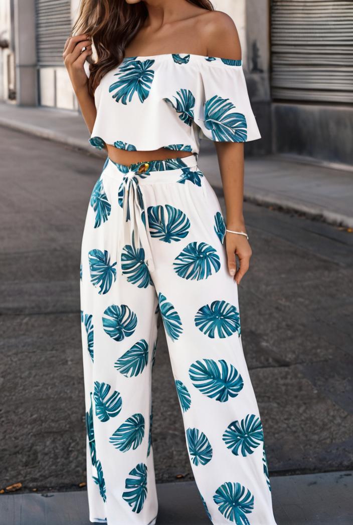 fashion print frilled off shoulder flared jumpsuit 139971