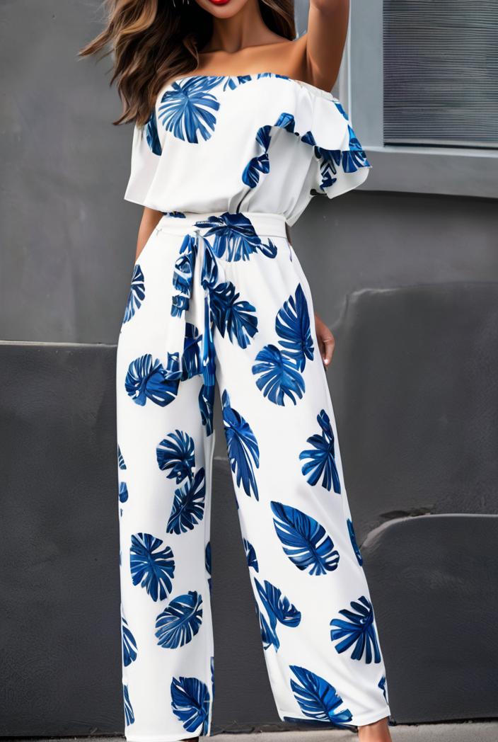 fashion print frilled off shoulder flared jumpsuit 139974