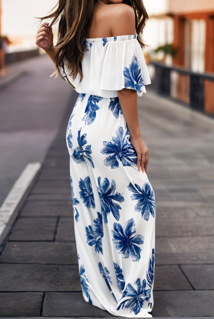 fashion print frilled off shoulder flared jumpsuit 139979