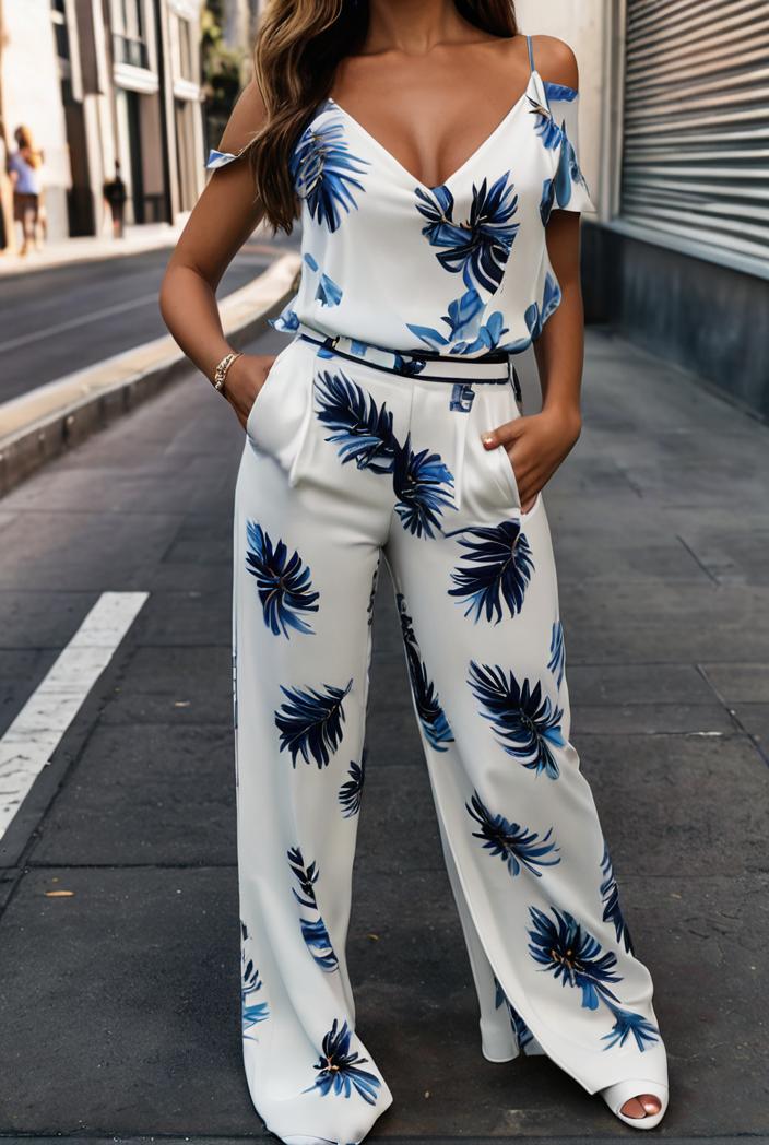 fashion print frilled off shoulder flared jumpsuit 139991