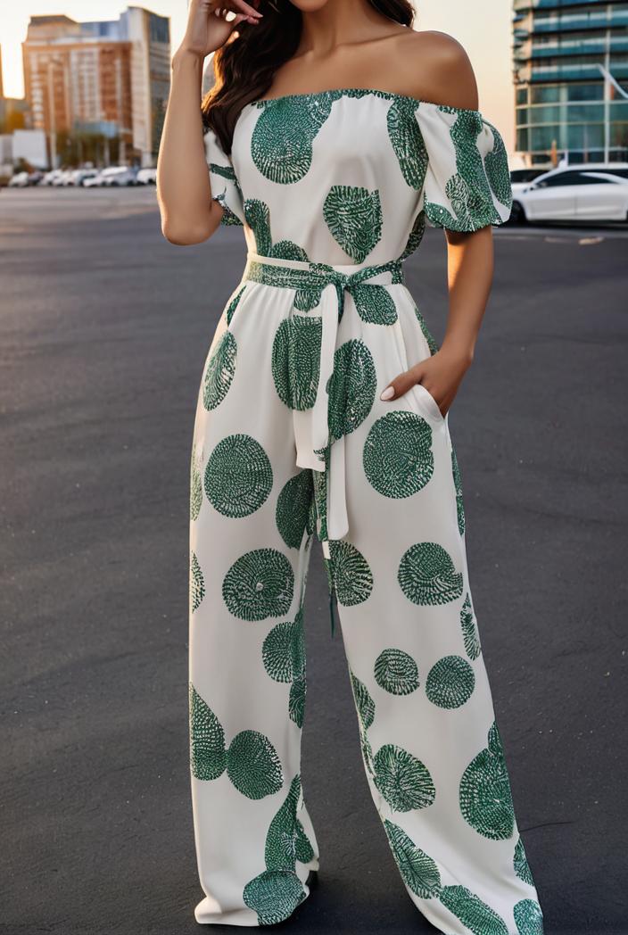 fashion print frilled off shoulder flared jumpsuit 139994