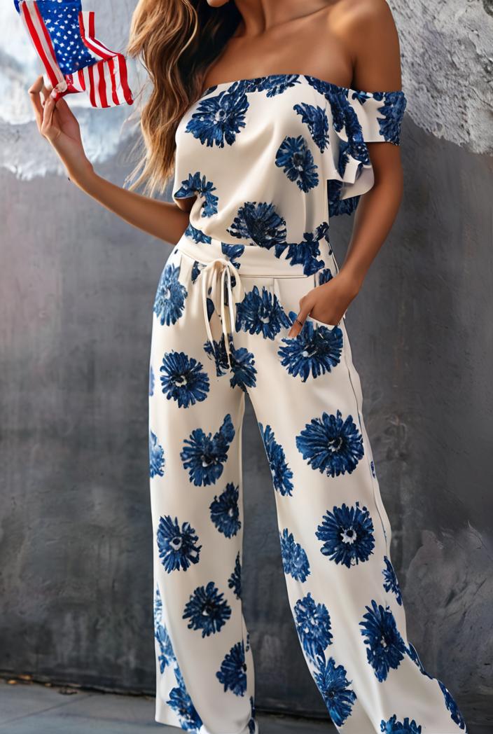 fashion print frilled off shoulder flared jumpsuit 139993