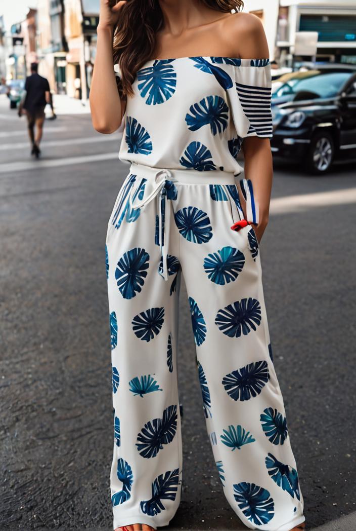 fashion print frilled off shoulder flared jumpsuit 139996