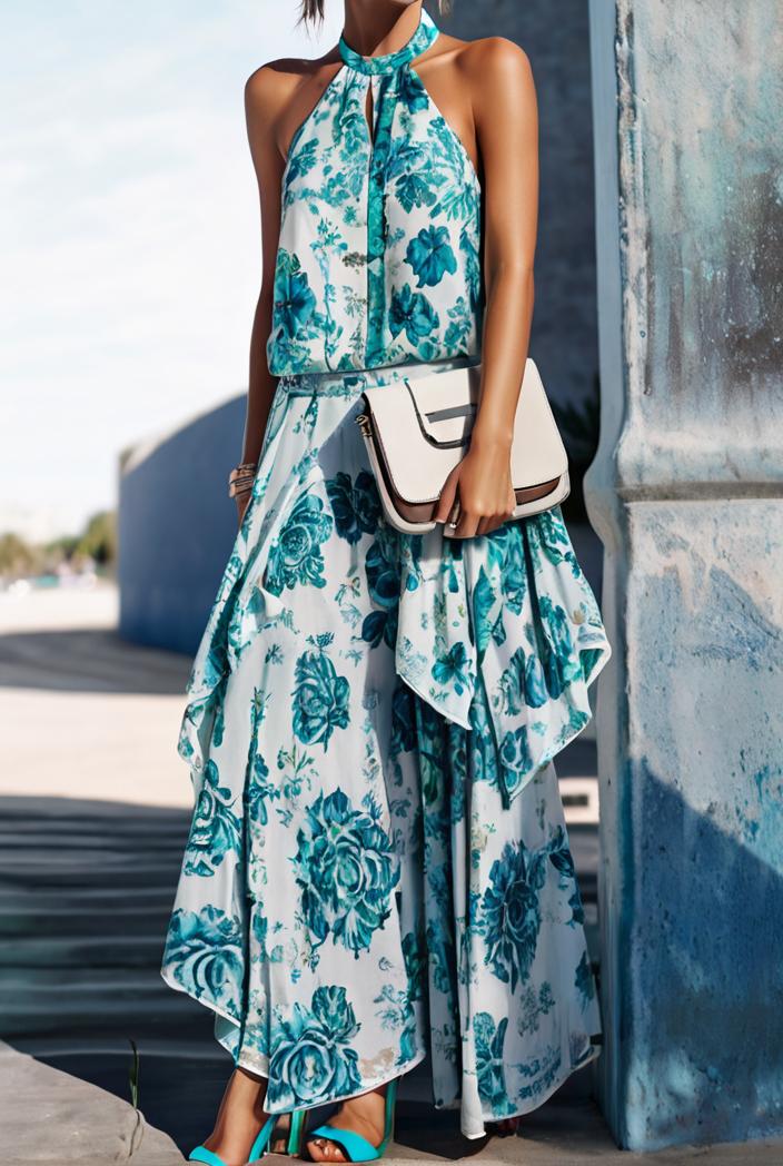floral print halter bohemian long skirt 142074