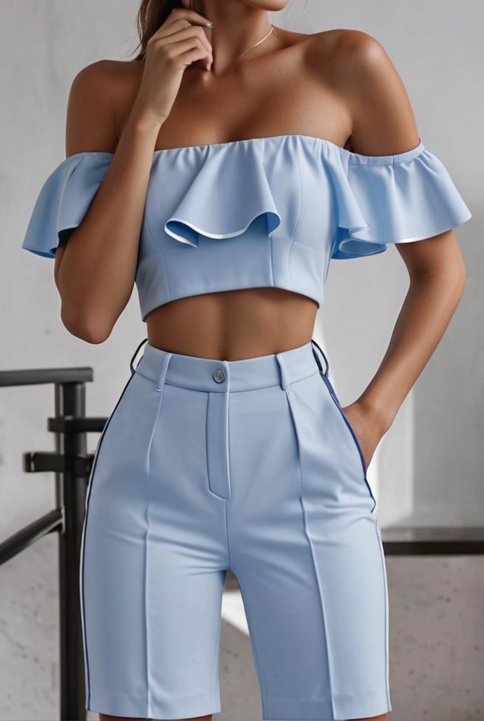 one shoulder crop top mopping pants two piece suit 103346