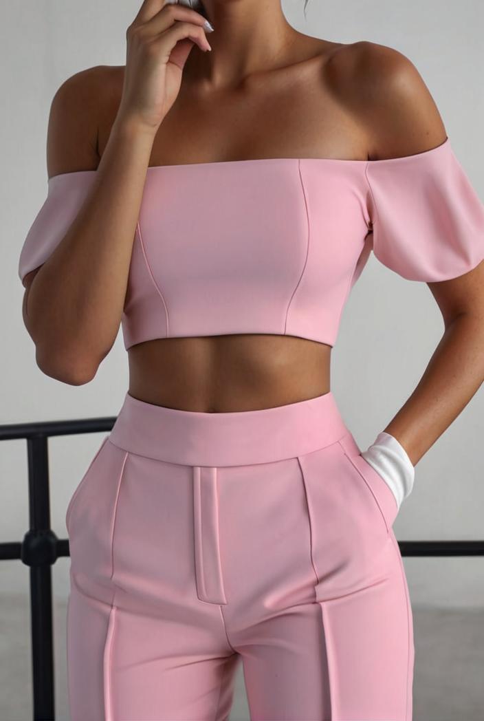 one shoulder crop top mopping pants two piece suit 103354