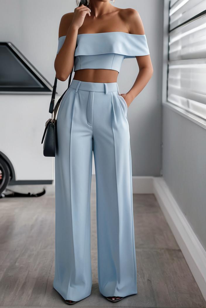 one shoulder crop top mopping pants two piece suit 103370
