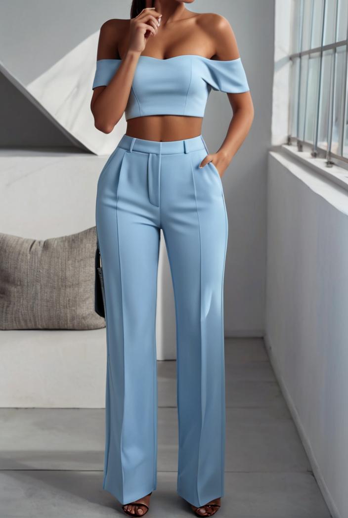 one shoulder crop top mopping pants two piece suit 103371