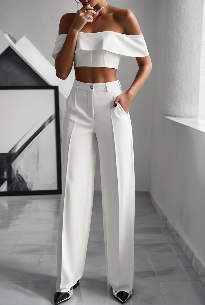 one shoulder crop top mopping pants two piece suit 103393