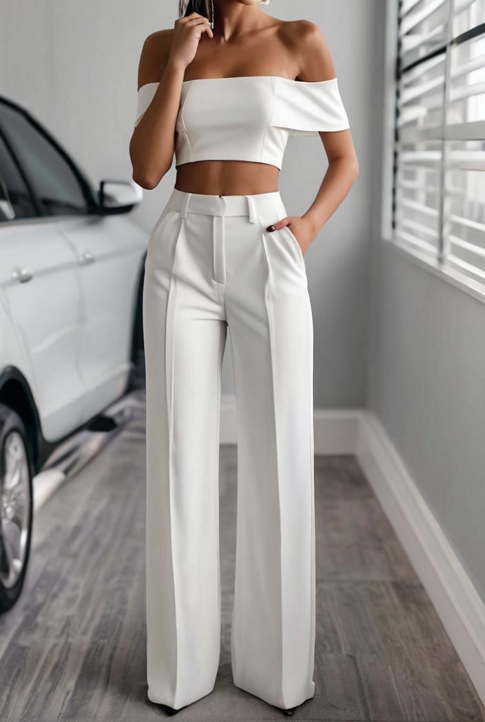 one shoulder crop top mopping pants two piece suit 103394