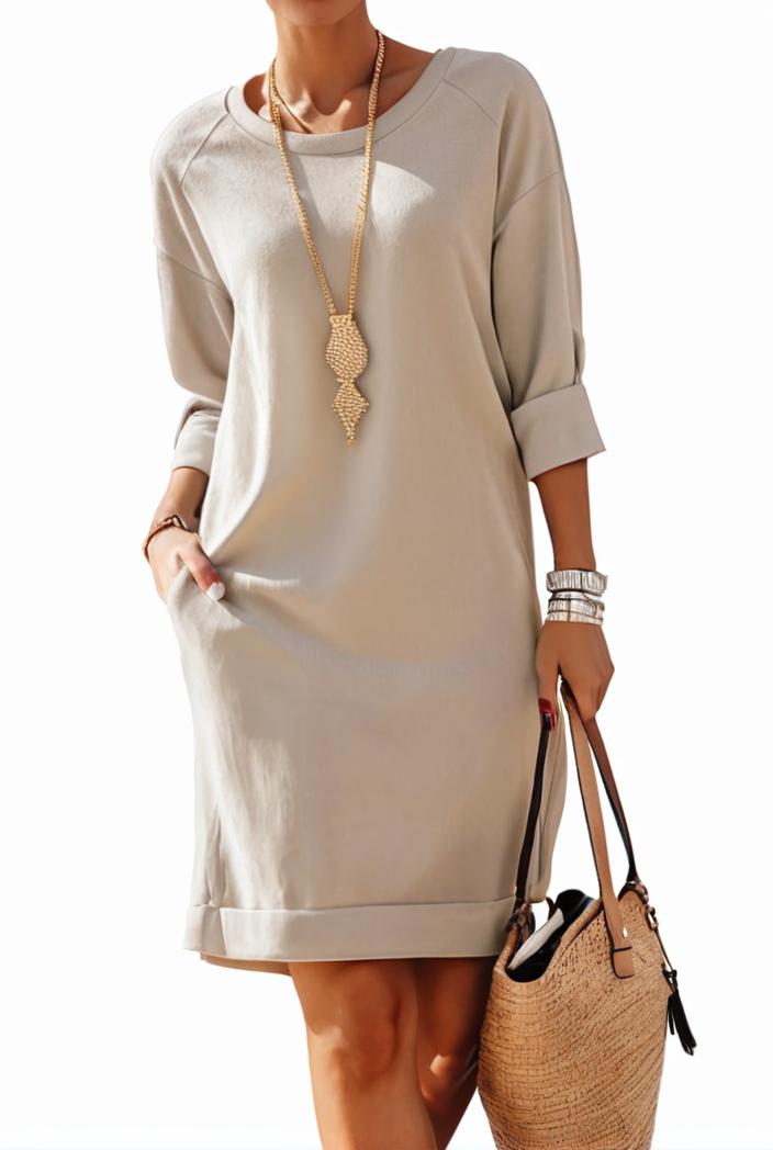 cotton linen temperament round neck long sleeve mini dress 126427