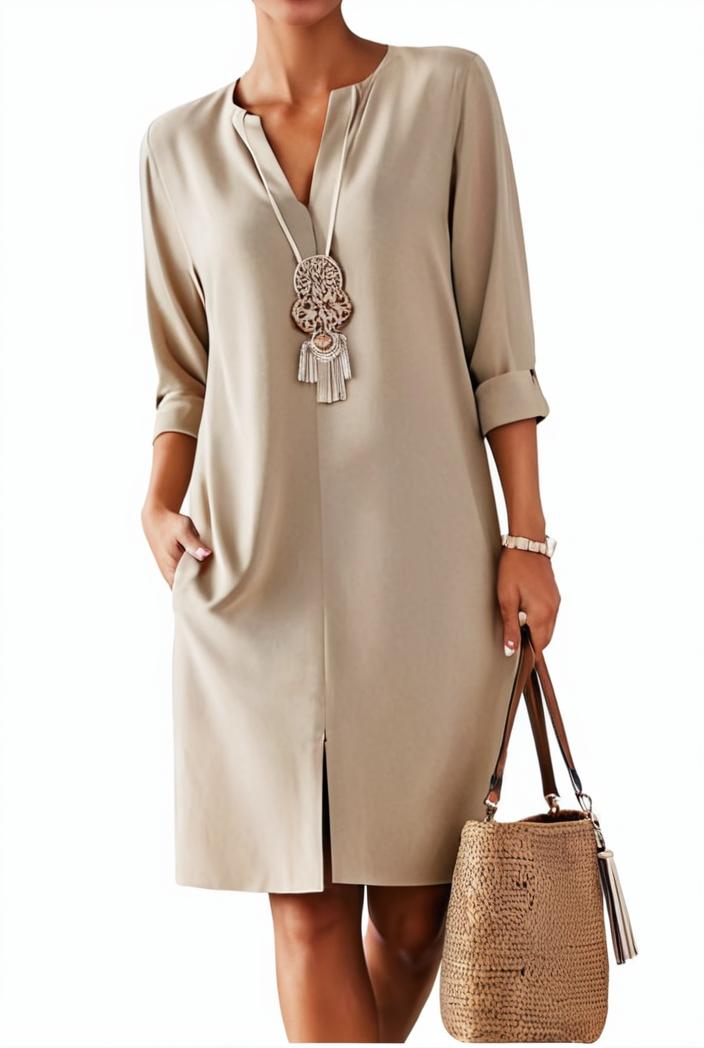cotton linen temperament round neck long sleeve mini dress 126433