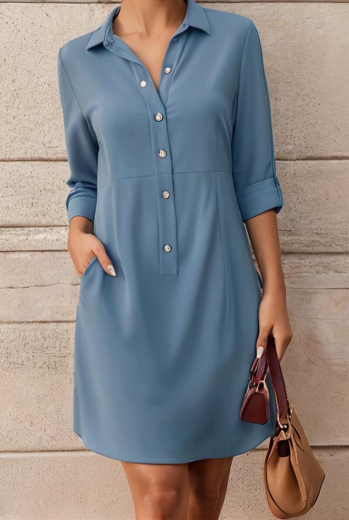 cotton linen temperament round neck long sleeve mini dress 126450