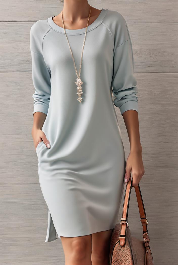 cotton linen temperament round neck long sleeve mini dress 126474