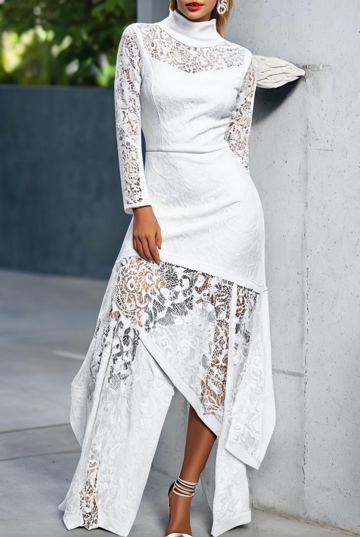 lace hollow long sleeve stand collar irregular dress 139652