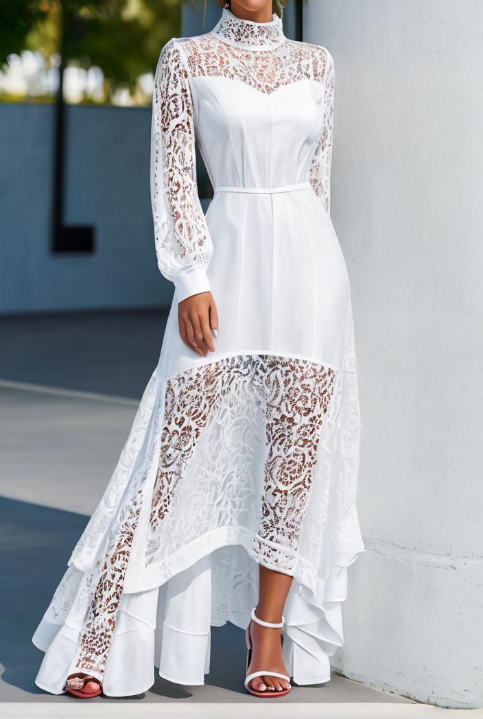 lace hollow long sleeve stand collar irregular dress 139655