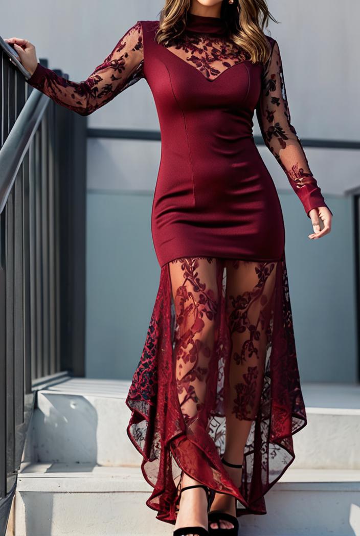 lace hollow long sleeve stand collar irregular dress 139659
