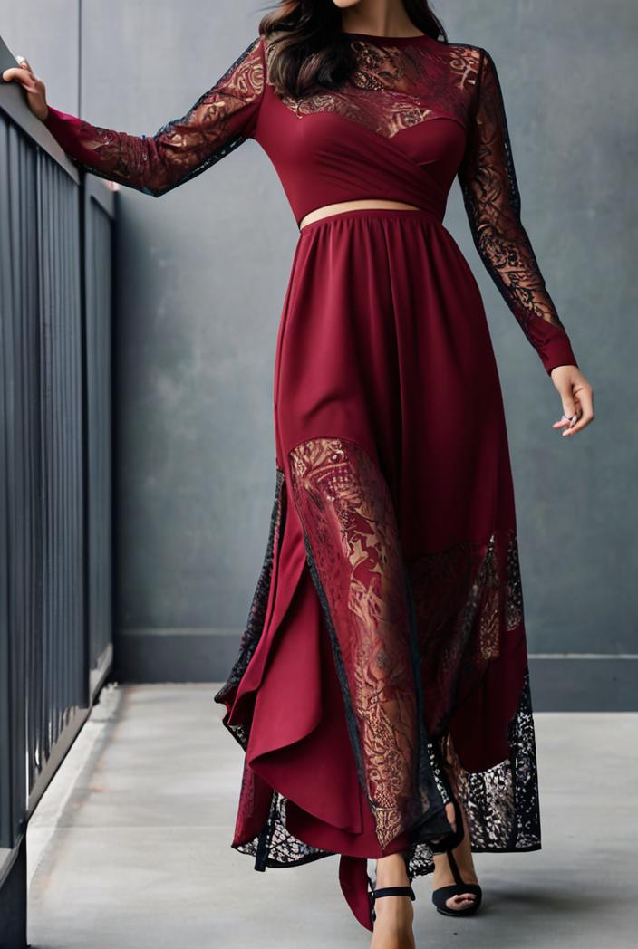 lace hollow long sleeve stand collar irregular dress 139658