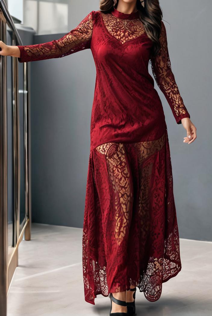 lace hollow long sleeve stand collar irregular dress 139656