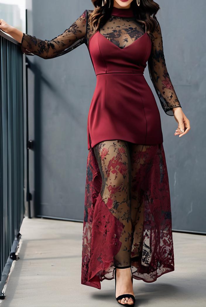 lace hollow long sleeve stand collar irregular dress 139660